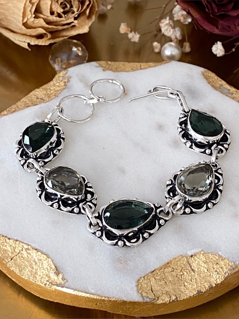 Green Quartz And Iolite Handcrafted Bracelet